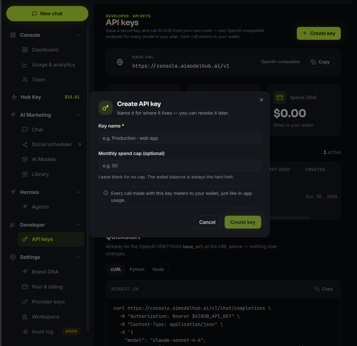 The Create API key dialog, with a Key name field, an optional Monthly spend cap field, and Cancel and Create key buttons.